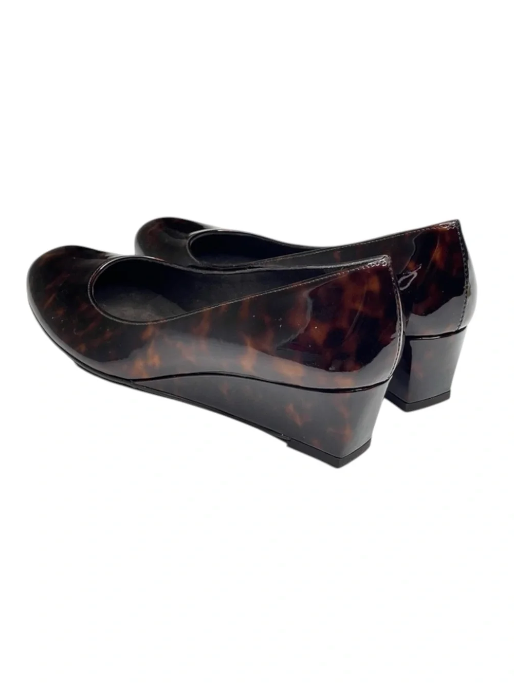 new Stuart Weitzman ᪥ Nusimple Patent Demi Wedge Heel Loafer ᪥ Cognac Tortoise 7